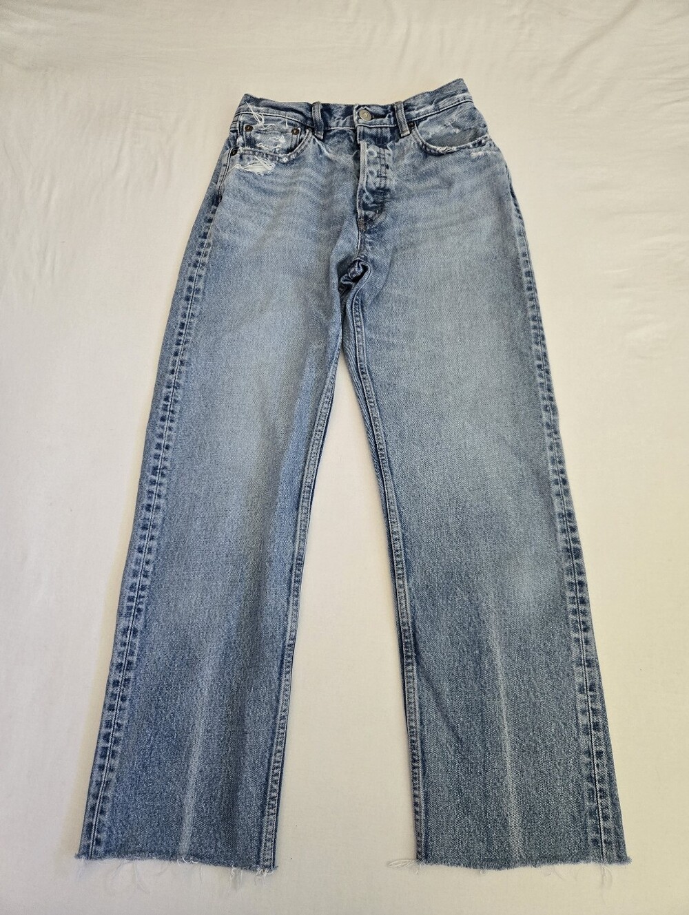 Moussy Vintage Straight Leg Jeans Distressed Button Fly Made In Japan Blue